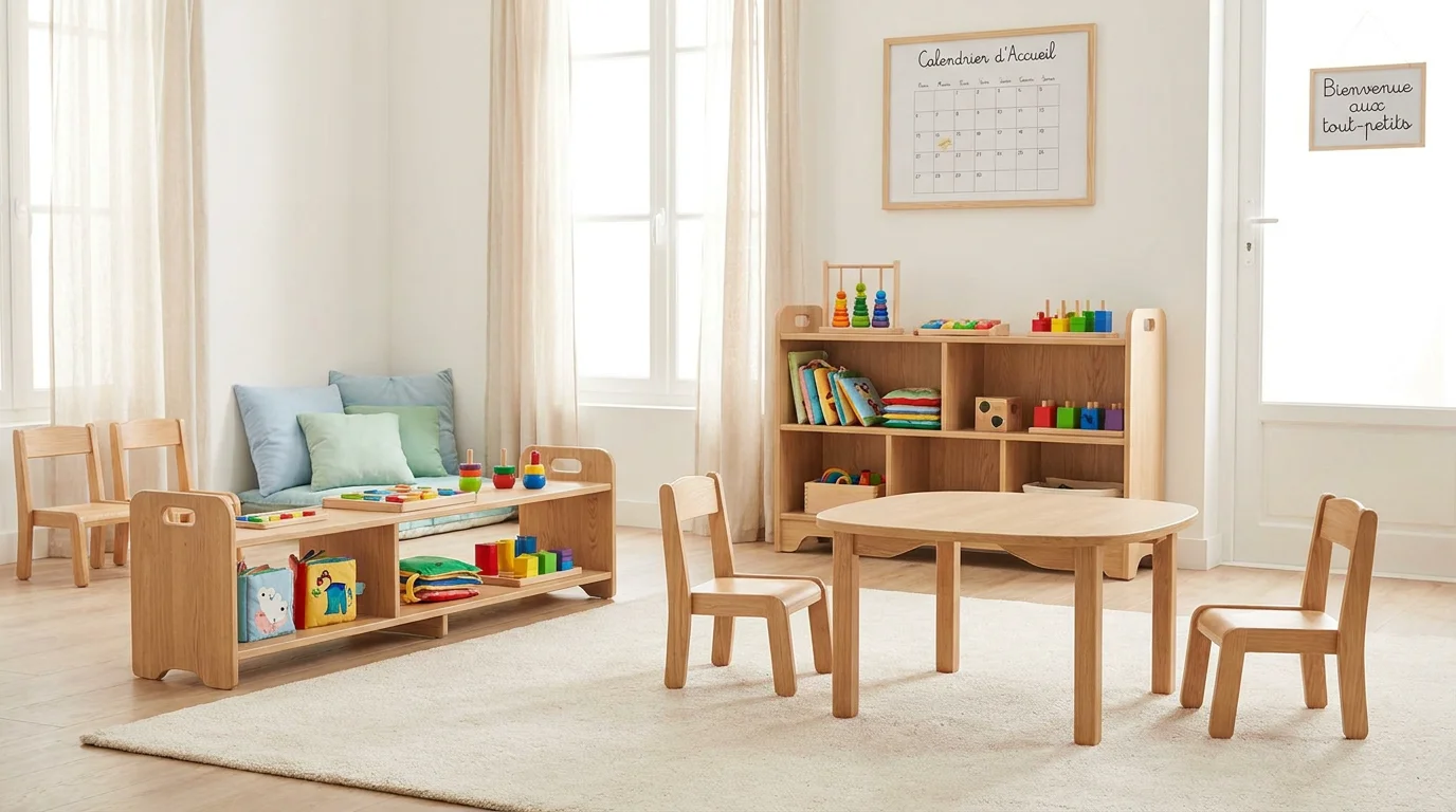 Espace d'accueil petite enfance aménagé avec du mobilier adapté en bois