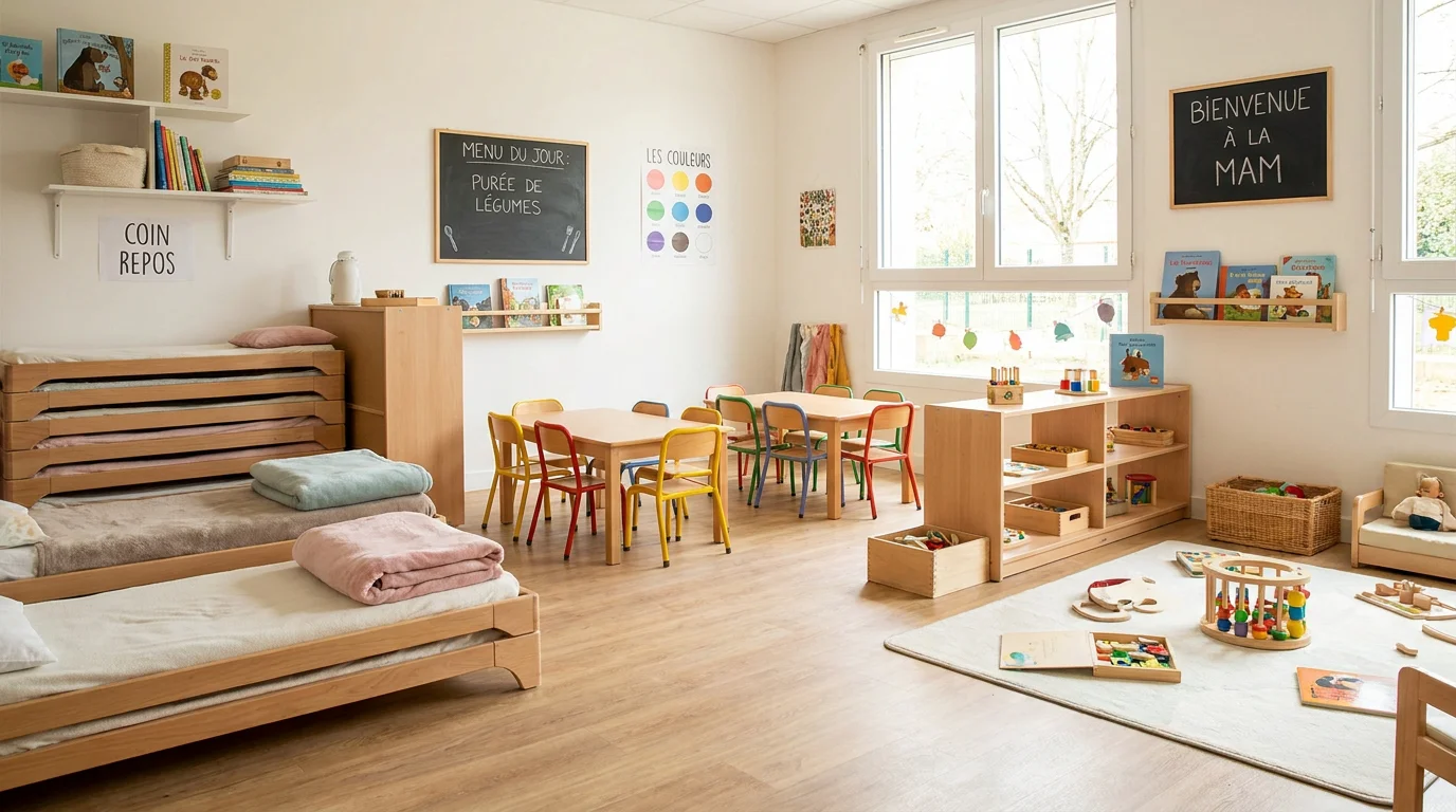 Salle d'activités en MAM avec zones repos, repas et jeux aménagées avec du mobilier adapté