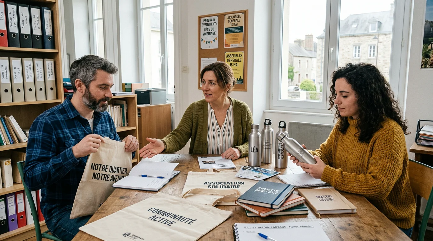 Équipe associative choisissant des objets personnalisés lors d'une réunion