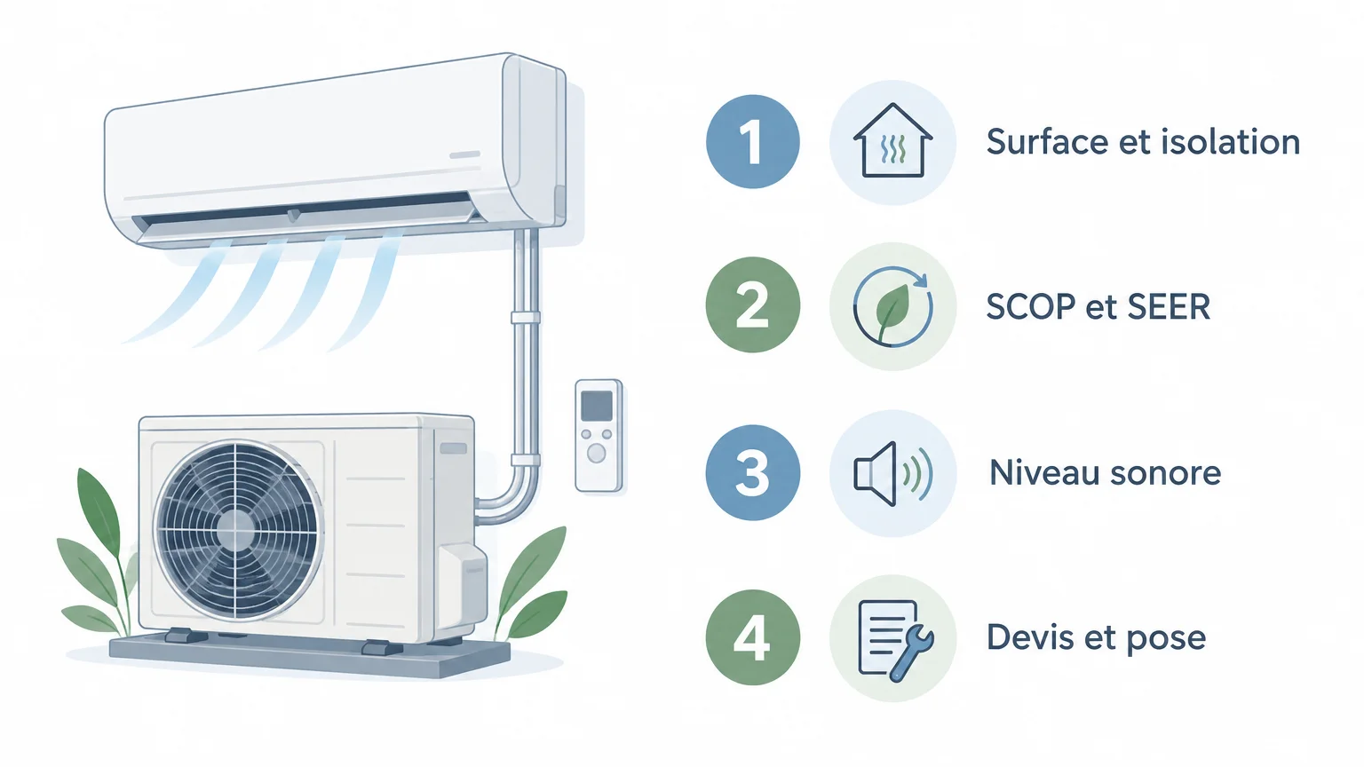 Infographie en français présentant quatre critères pour choisir une climatisation : surface, rendement, bruit et pose.