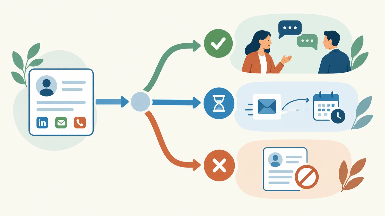 Illustrierte Darstellung eines Akquise-Workflows mit unterschiedlichen Abläufen je nach Antwort des potenziellen Kunden
