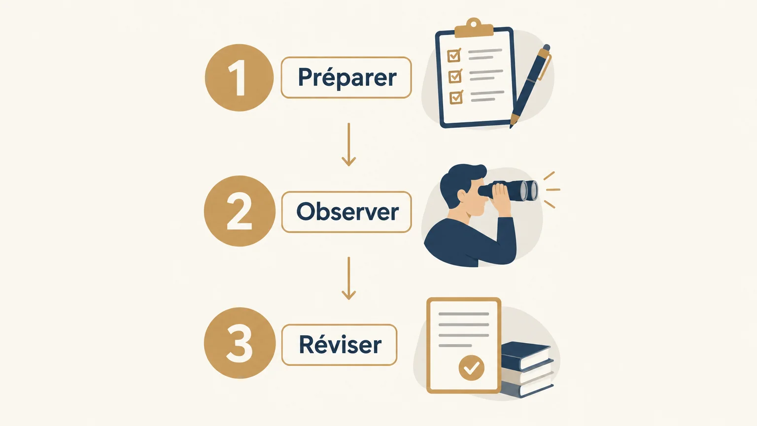 Infographie en trois étapes : préparer, observer et réviser une session de cash game.