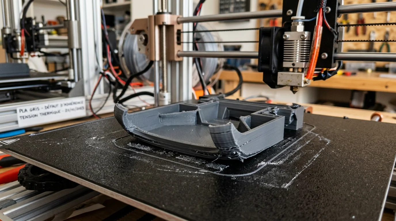 Pièce imprimée en 3D dont les coins se soulèvent du plateau à cause du warping
