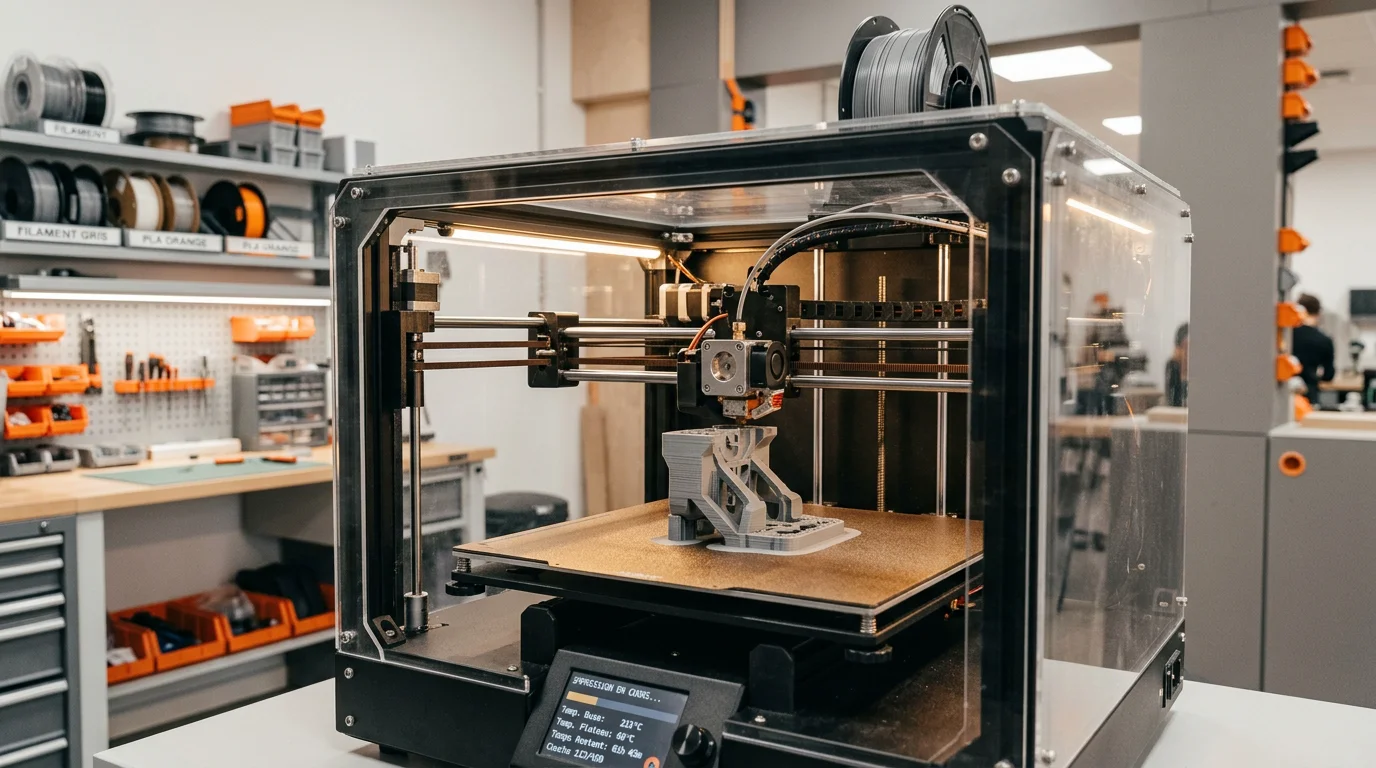 Imprimante 3D en caisson fermé imprimant une pièce avec un brim pour éviter le warping