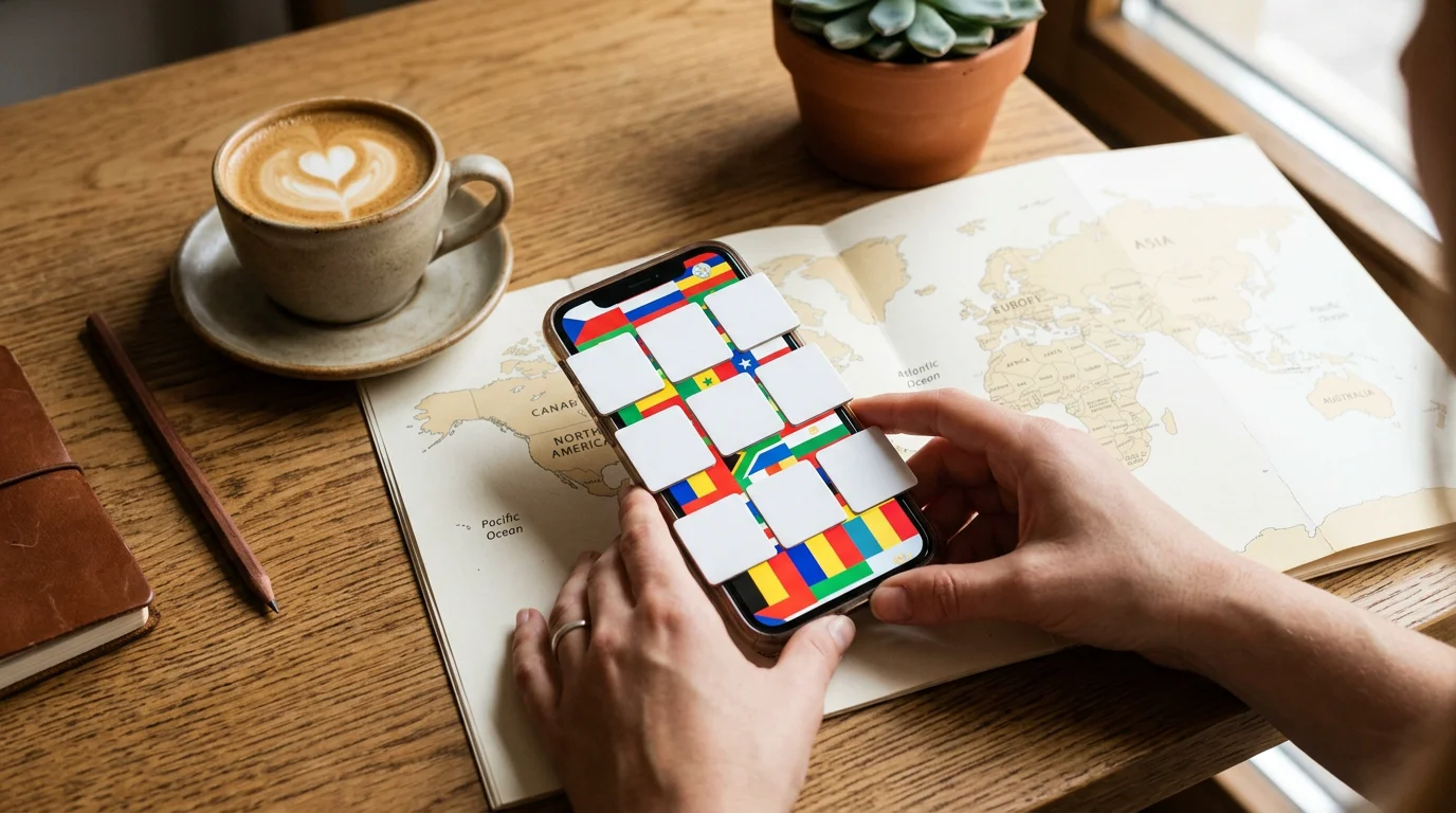 Smartphone showing a partially hidden flag next to a world map on a wooden desk