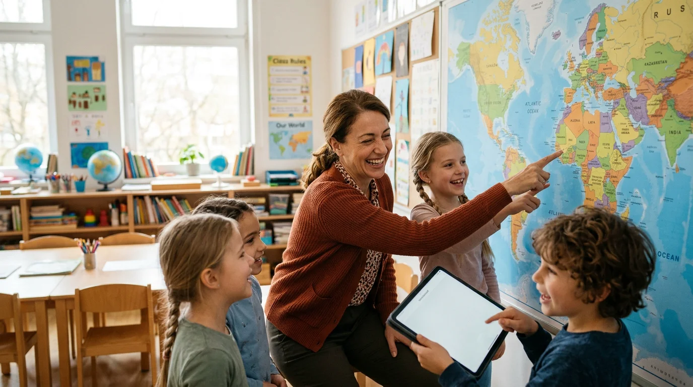 Teacher and students pointing at a world map while playing a geography game on a tablet