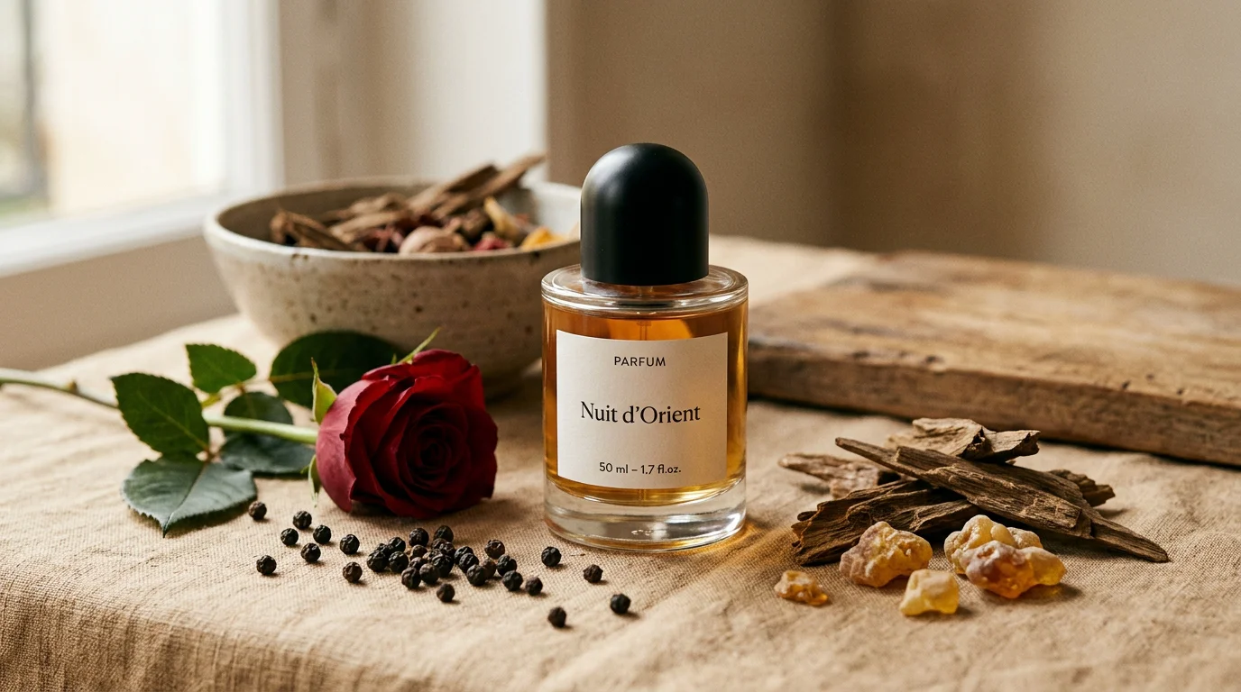 Flacon de parfum unisexe entouré de poivre, rose et bois d'agar