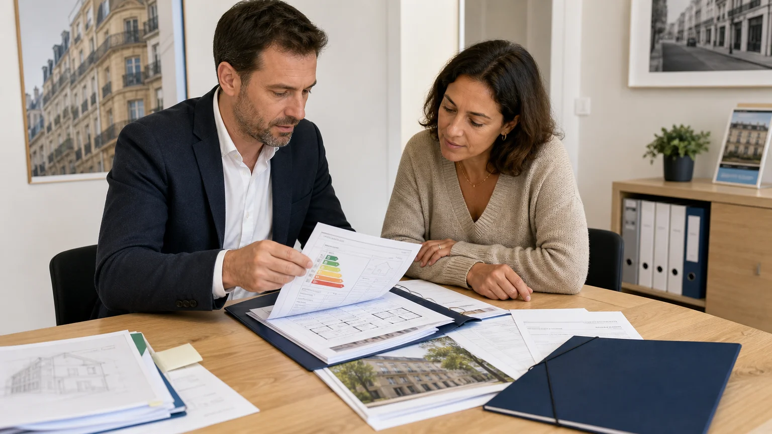Professionnels et propriétaire organisant les documents d’un bien immobilier