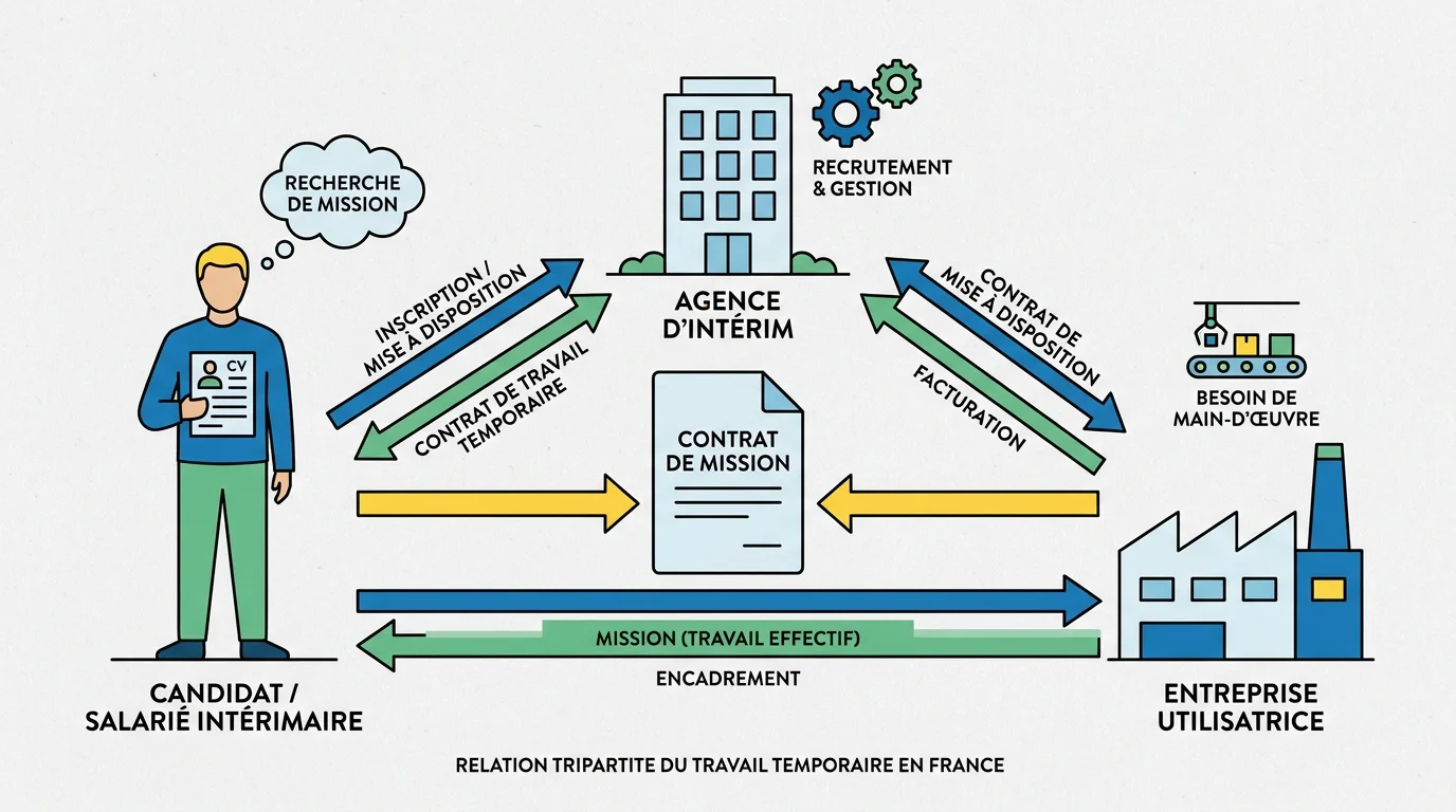 Schéma illustrant le fonctionnement tripartite de l'intérim en France