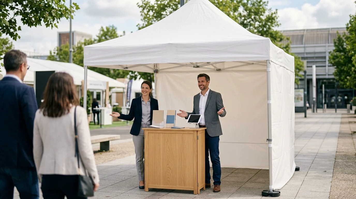 Tente pliante blanche personnalisée sur un stand de salon professionnel avec équipe d'accueil