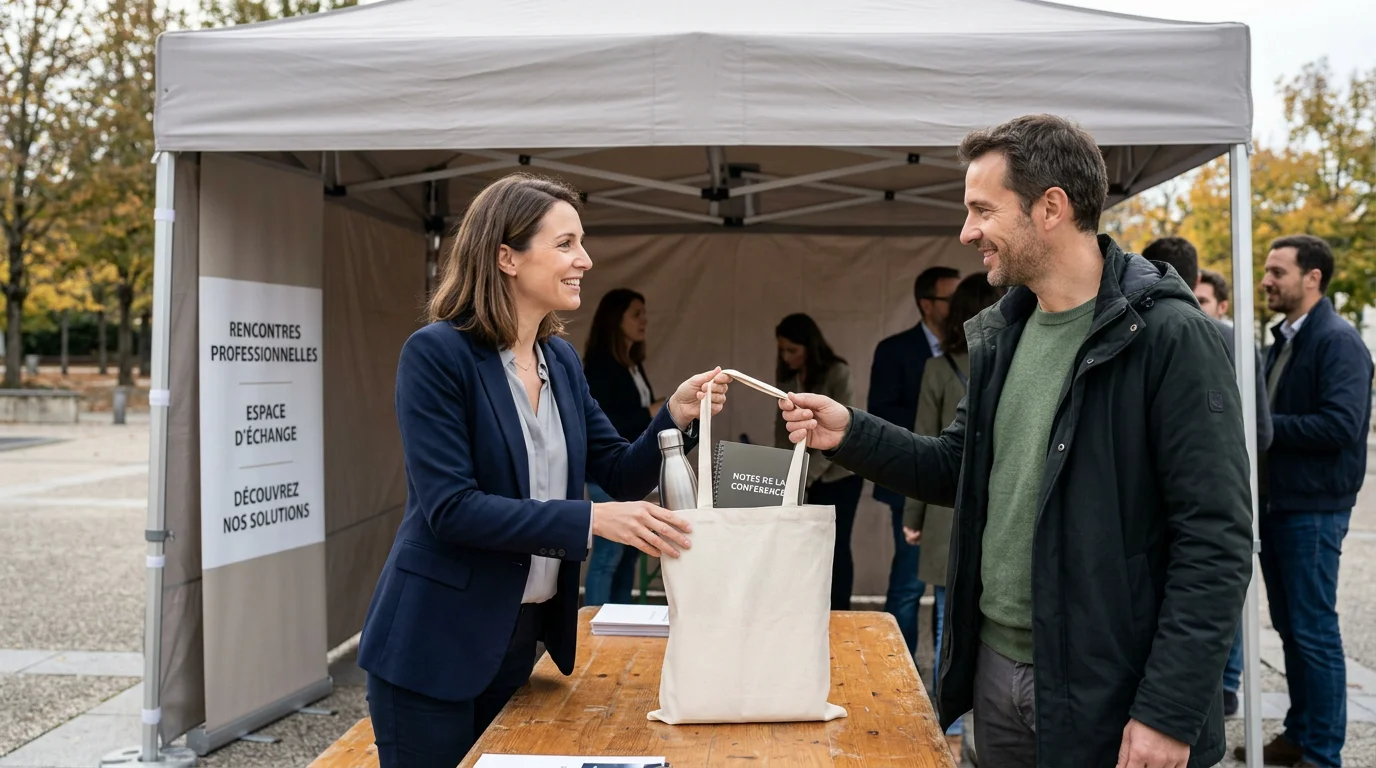 Distribution d'objets publicitaires à des visiteurs sous une tente pliante lors d'un événement