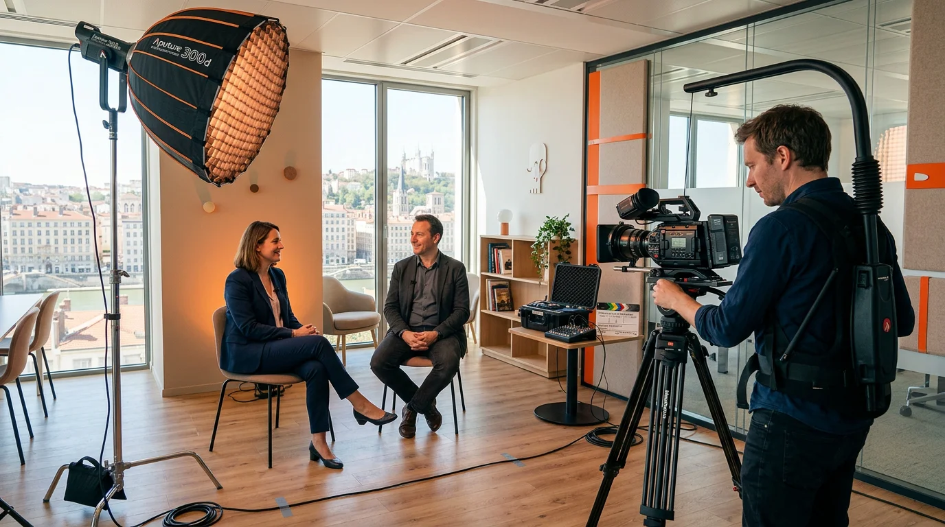 Tournage d'une vidéo corporate en entreprise à Lyon avec caméraman et intervenants