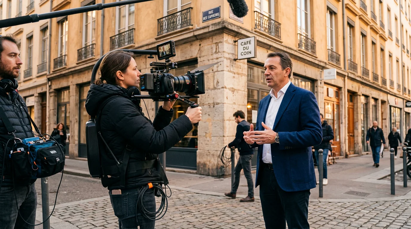 Vidéaste filmant un dirigeant en extérieur pour une vidéo d'entreprise à Lyon