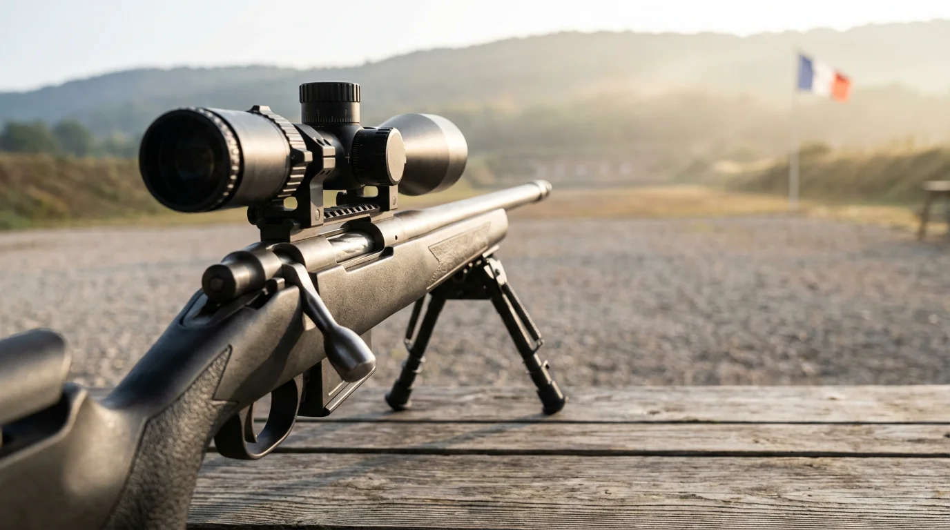 Carabine à verrou de précision équipée d'une lunette sur un pas de tir en extérieur