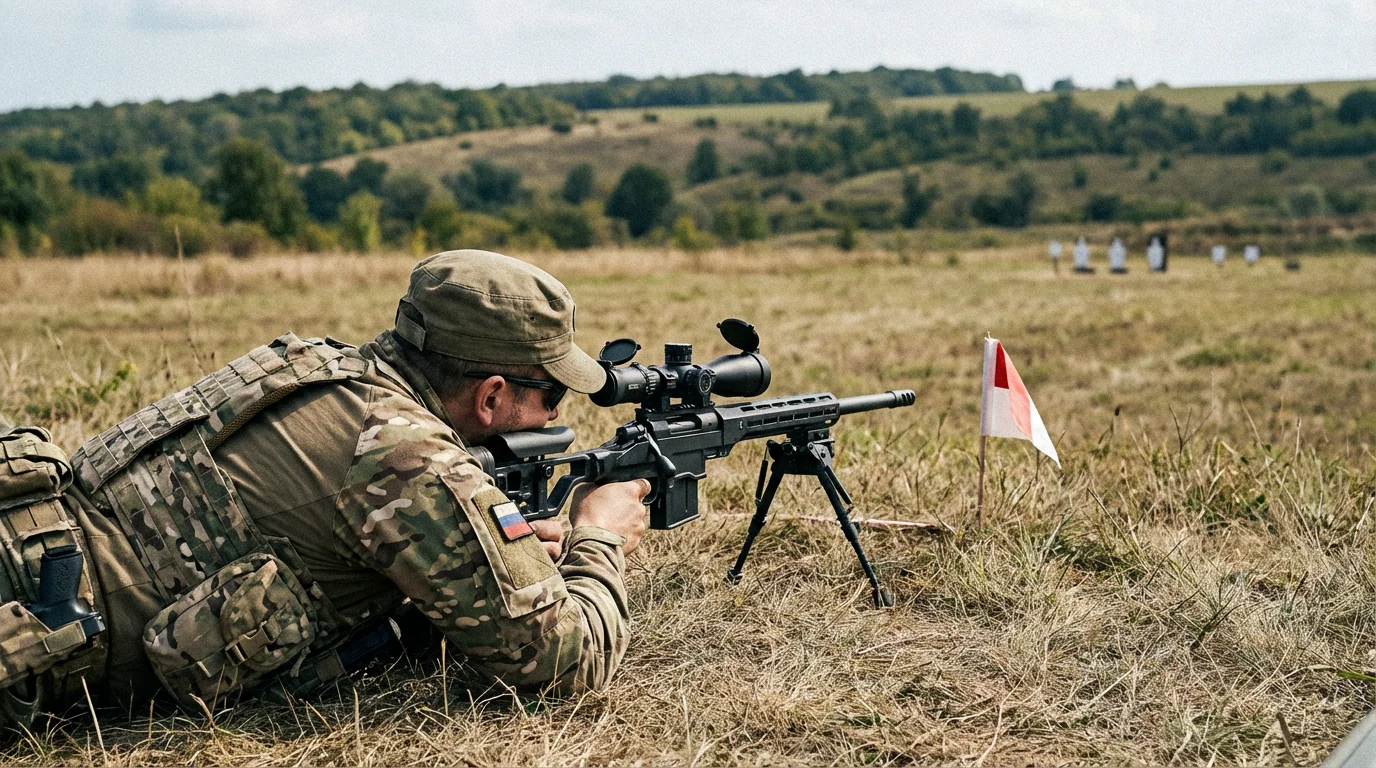 Tireur en position couchée sur un pas de tir longue distance en pleine campagne