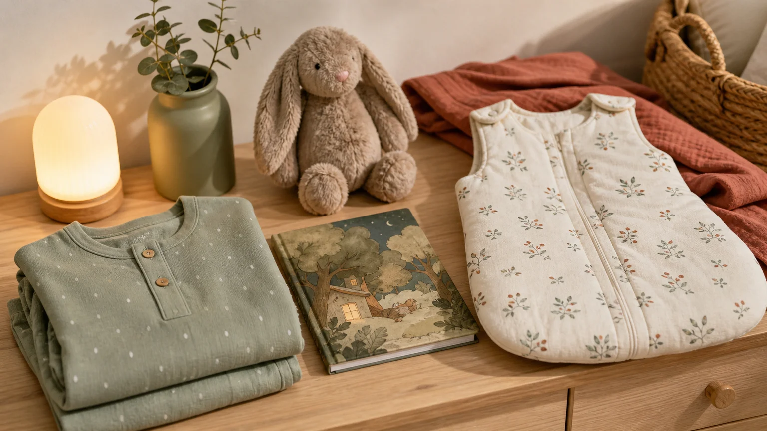 Éléments naturels réunis pour préparer une routine du coucher d’enfant