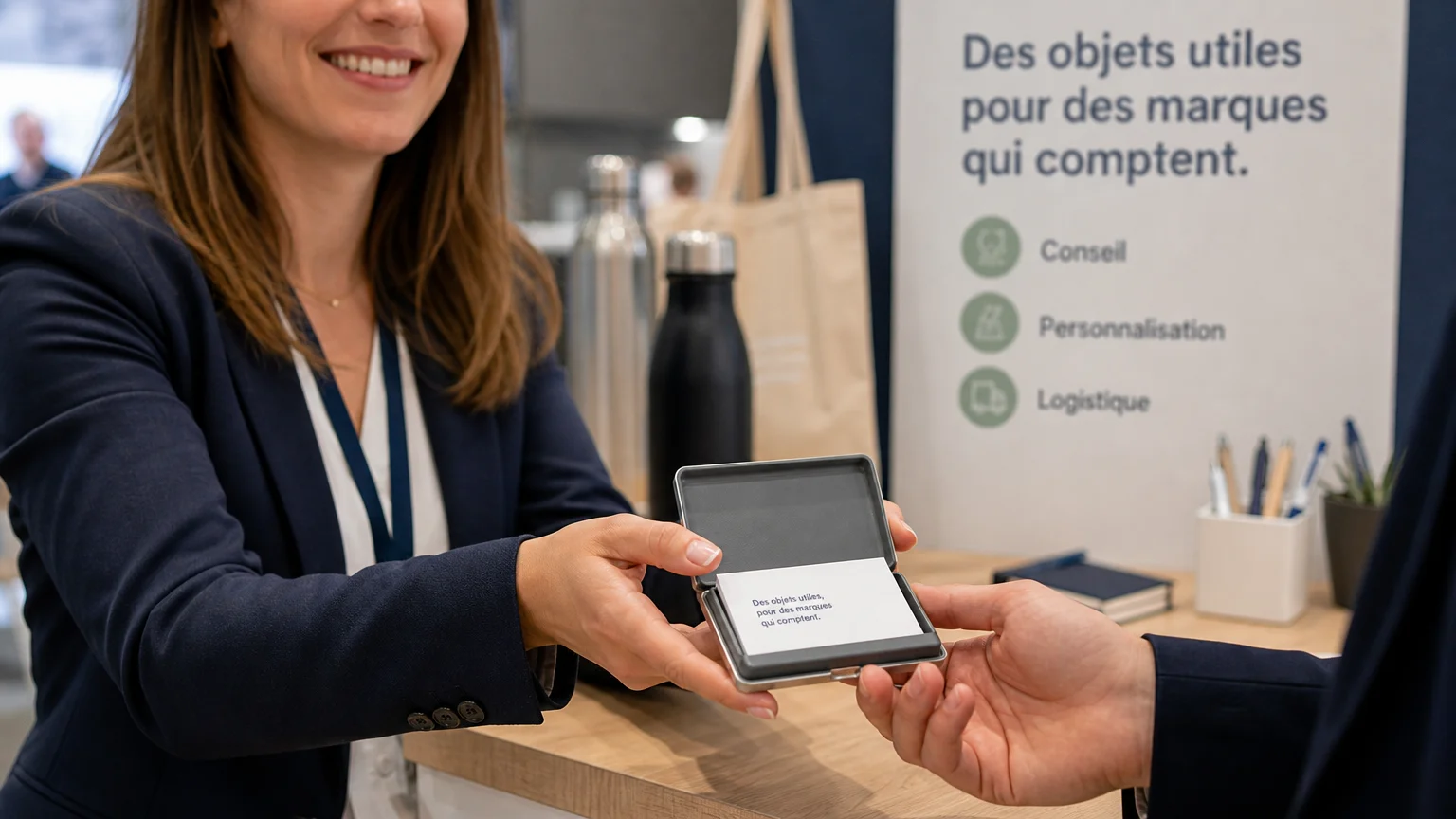 Remise d’un étui pour cartes de visite lors d’un échange professionnel