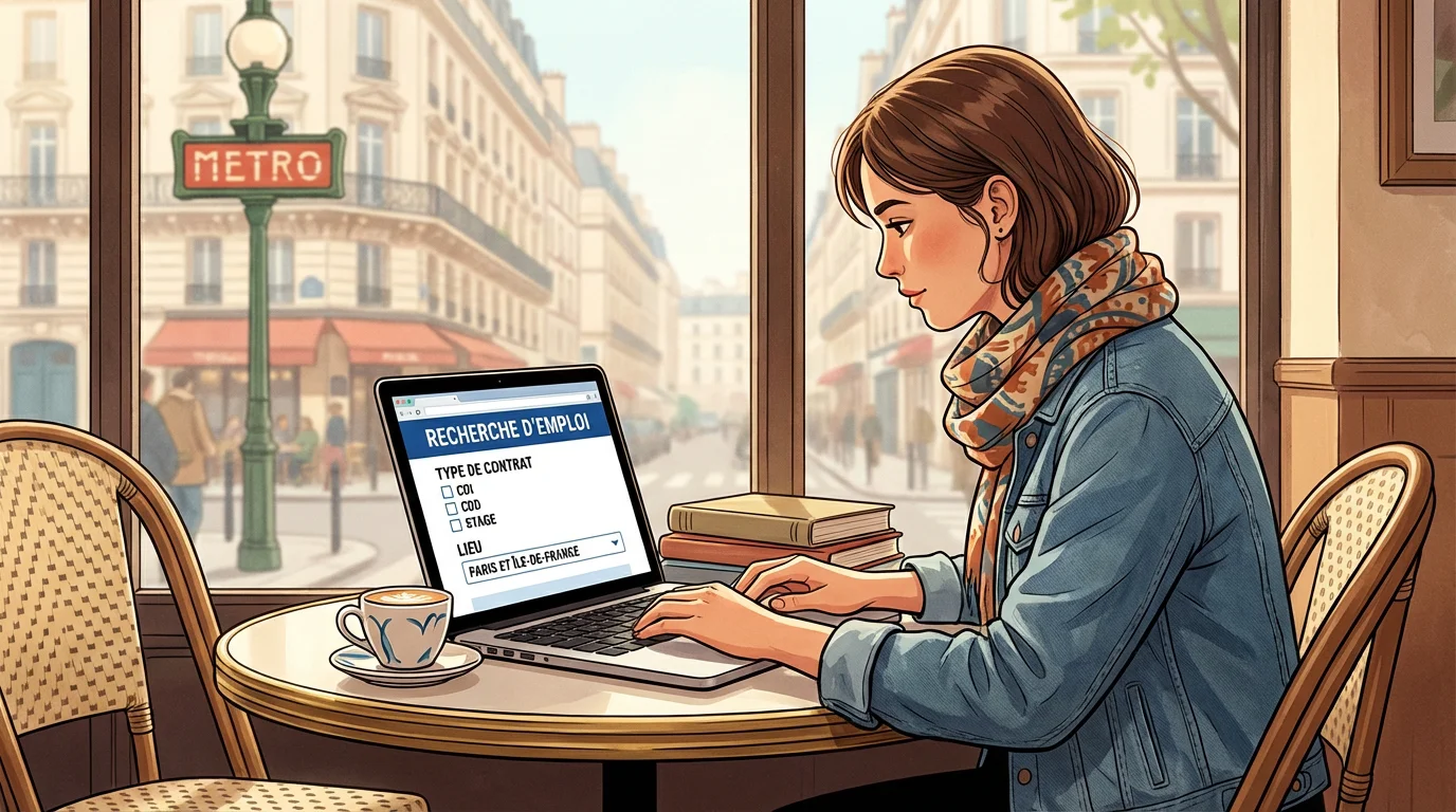 Étudiant en France recherchant un emploi sur une plateforme spécialisée depuis un café
