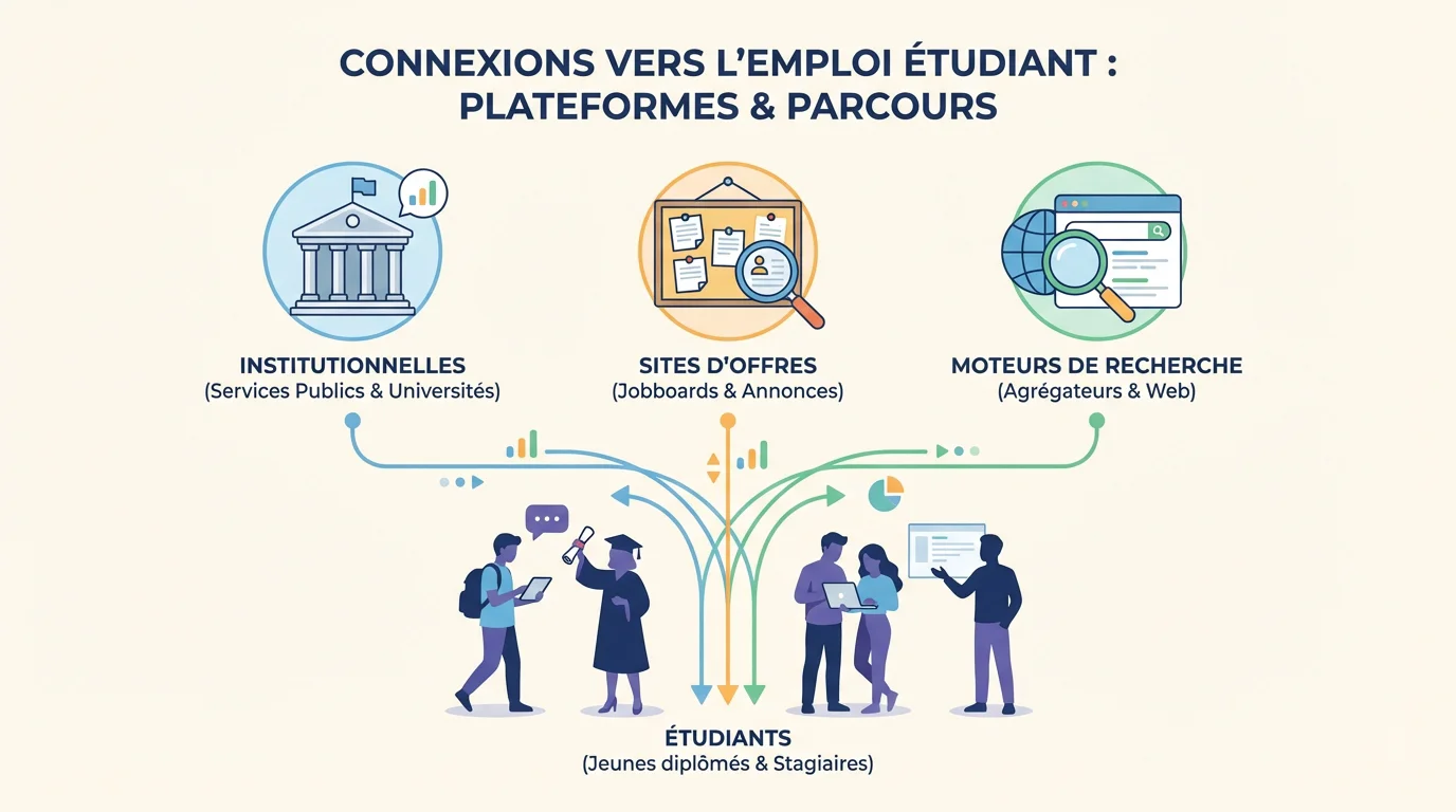 Infographie comparant les types de plateformes d'emploi pour étudiants en France