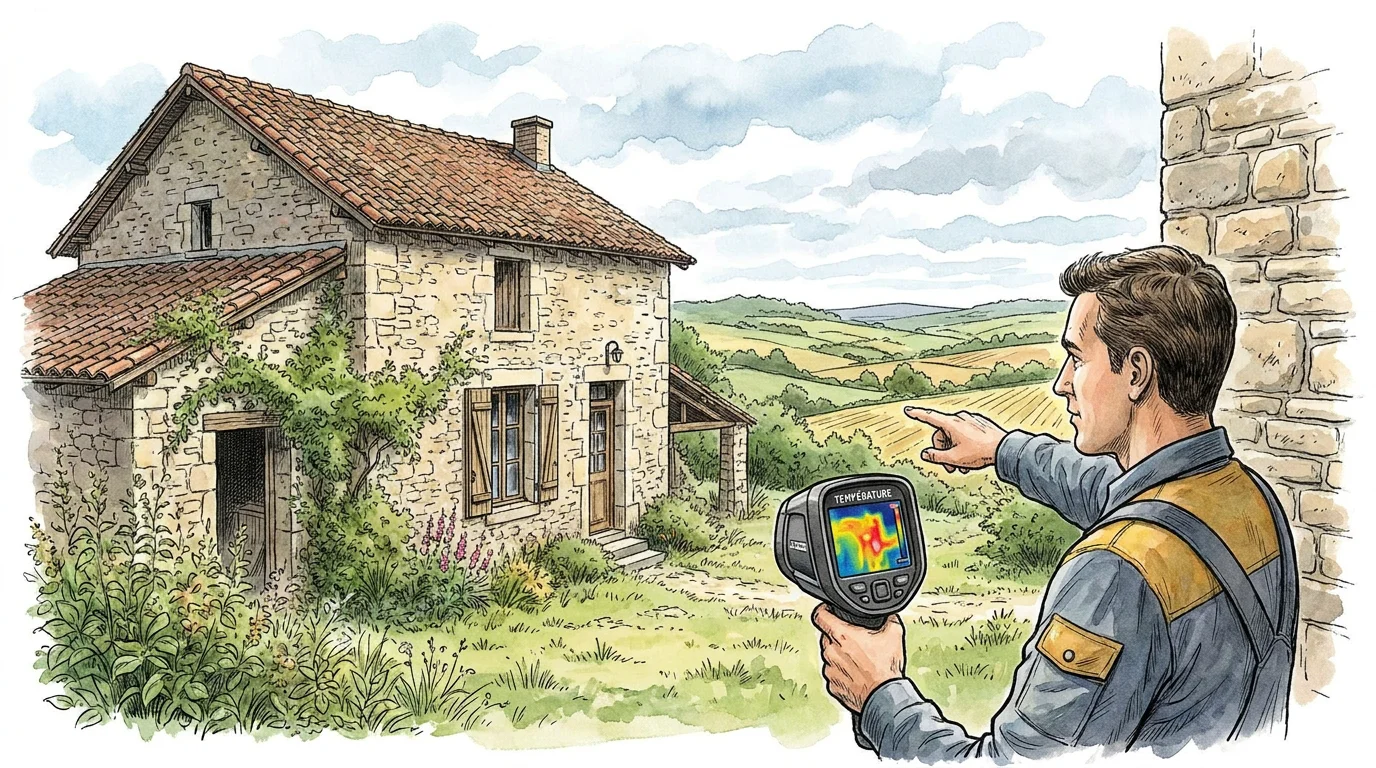 Diagnostiqueur immobilier réalisant un DPE dans une maison ancienne en France