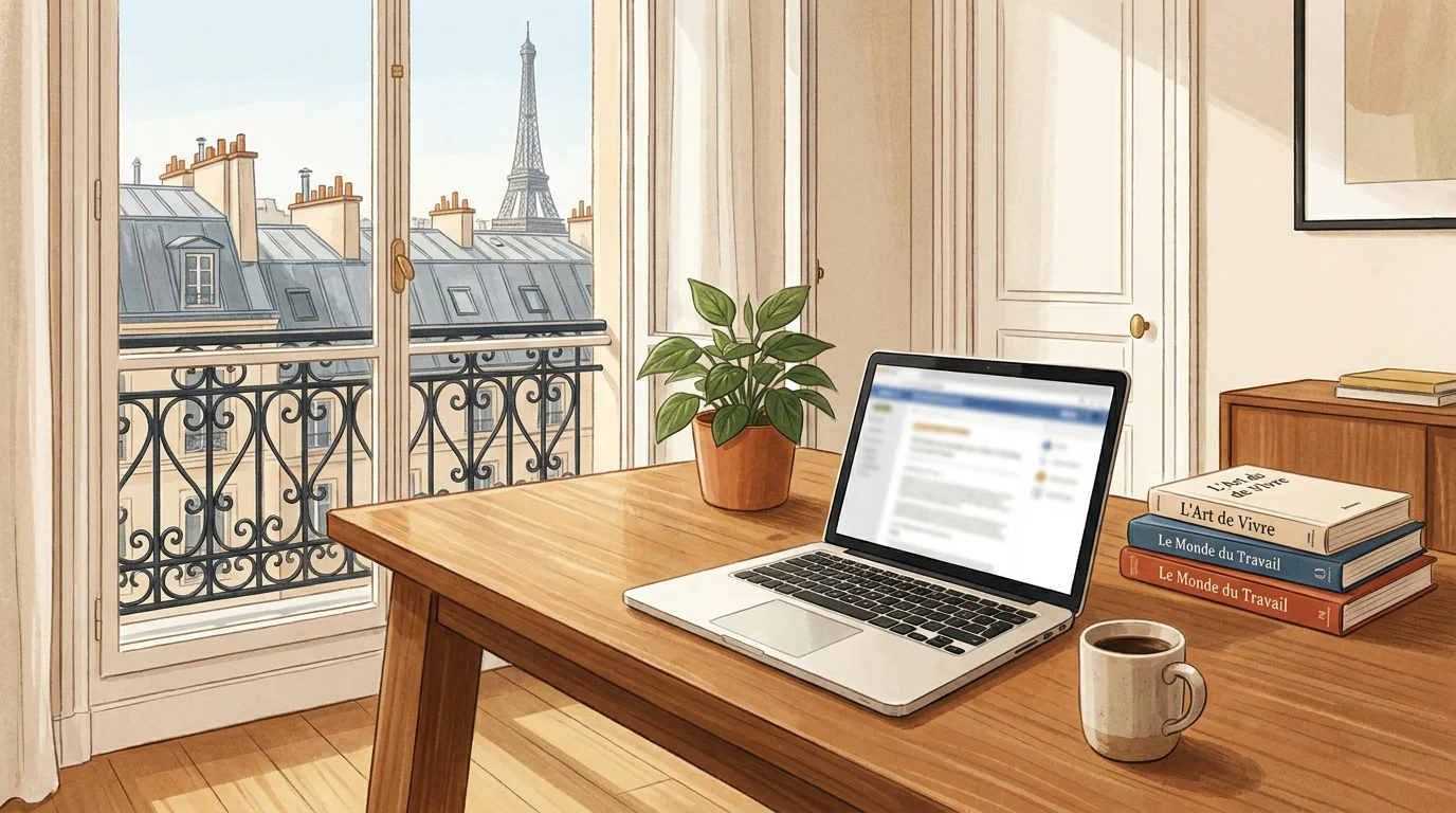 Espace de travail à domicile bien aménagé avec vue sur une ville française
