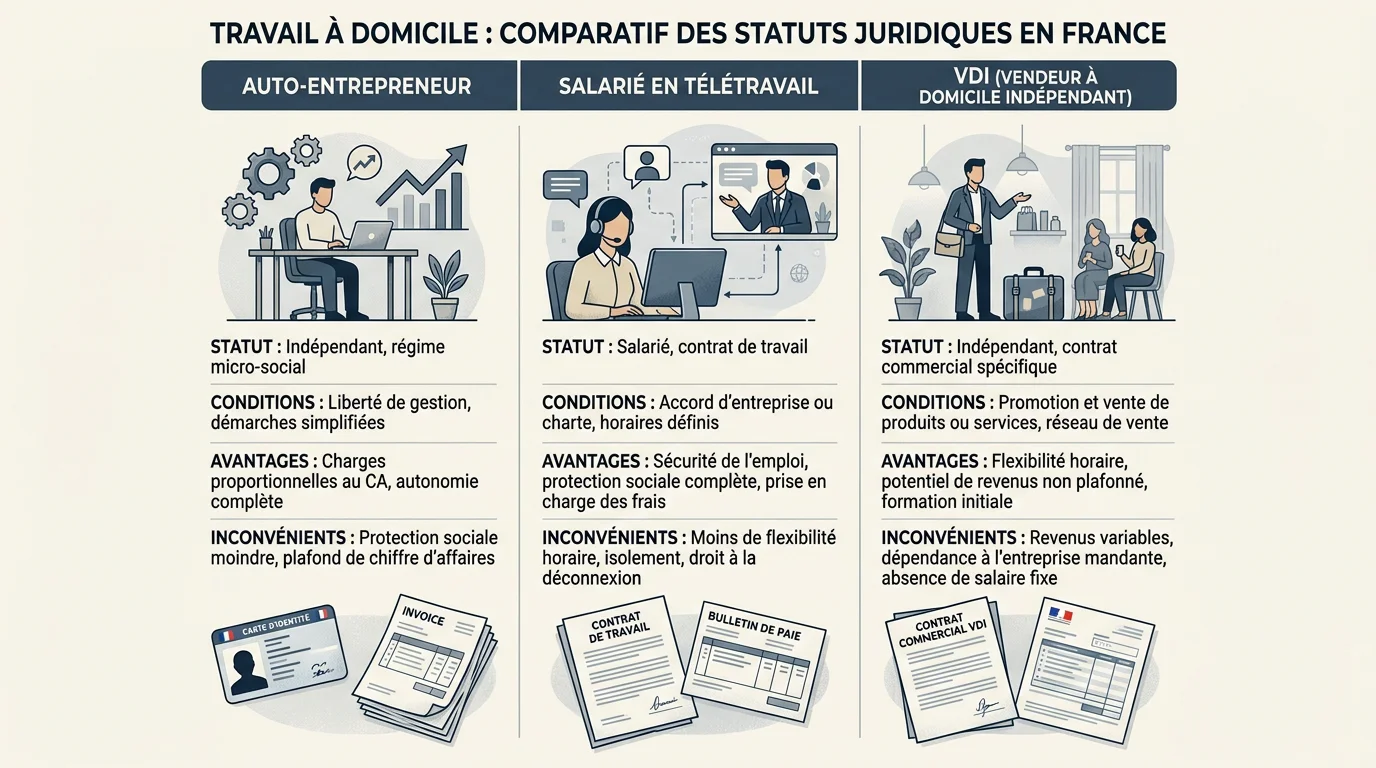 Infographie présentant les trois statuts juridiques pour travailler à domicile en France