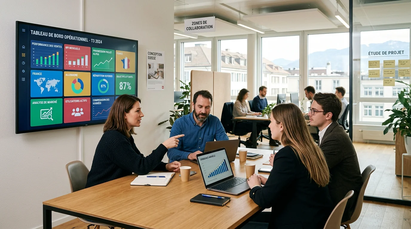 Équipe d'une PME travaillant sur des tableaux de bord de gestion intégrée