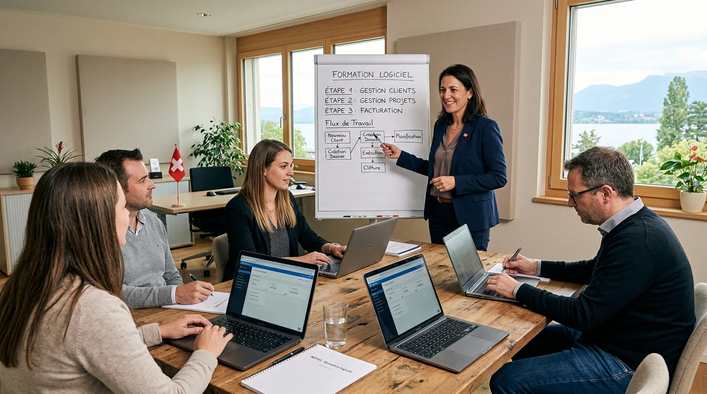Séance de formation à l'ERP animée par un consultant pour une PME