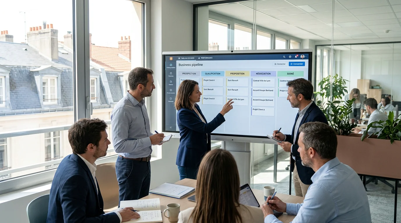 Équipe commerciale suivant ses opportunités sur un pipeline kanban