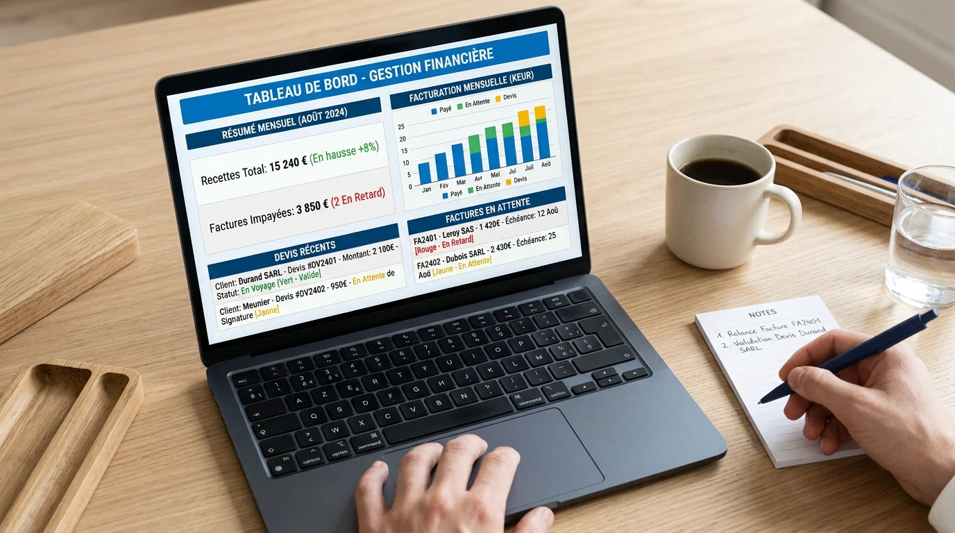 Tableau de bord de devis et de facturation sur un ordinateur portable