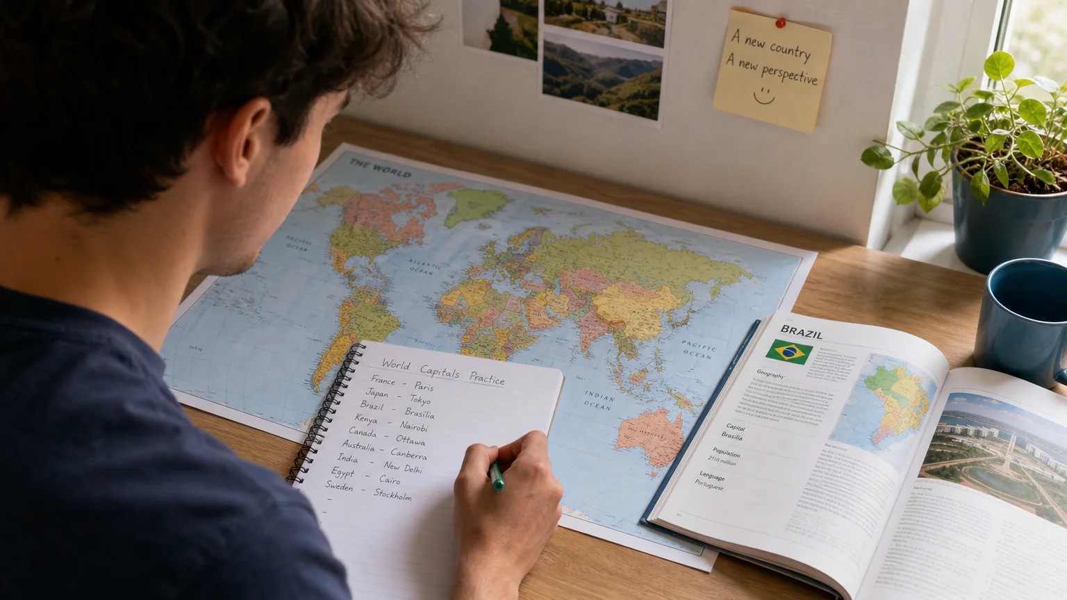 Student practicing world capitals with a map and notebook