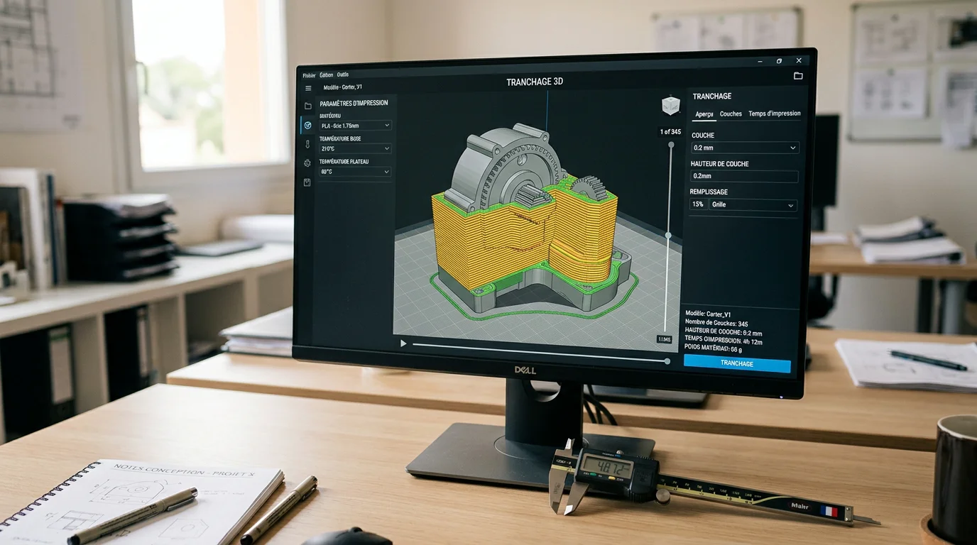 Modèle 3D préparé et découpé en couches dans un logiciel de tranchage