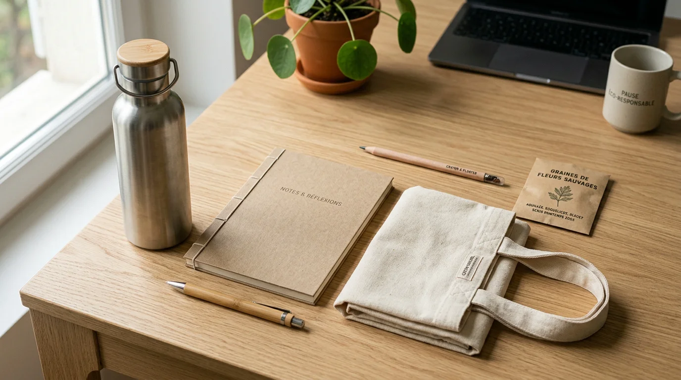 Objets publicitaires responsables en matériaux naturels et recyclés sur un bureau