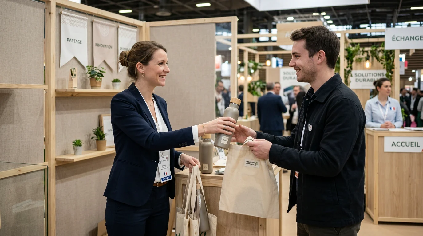 Distribution d'objets publicitaires responsables sur un stand de salon professionnel