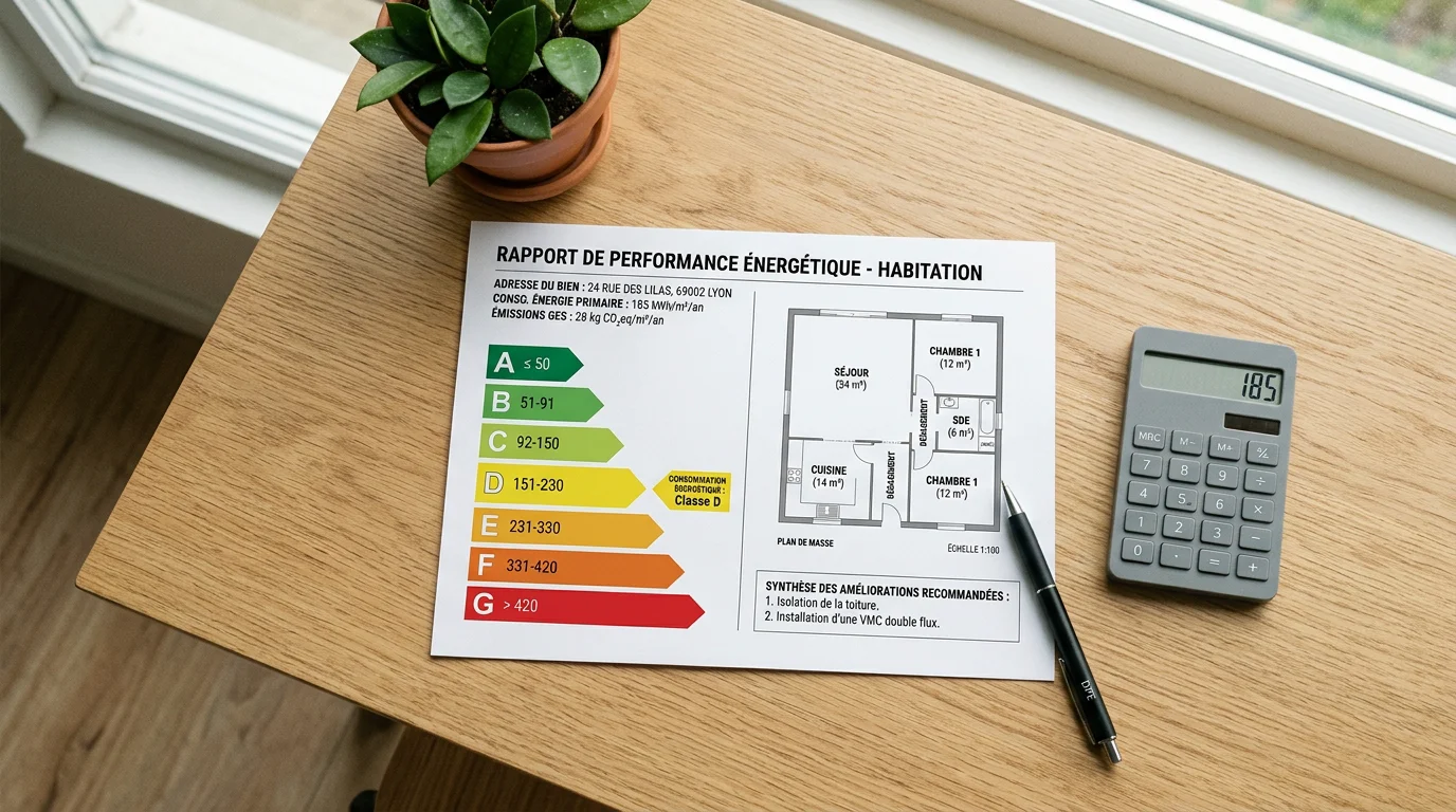 Rapport de diagnostic énergétique avec étiquette de A à G posé sur un bureau