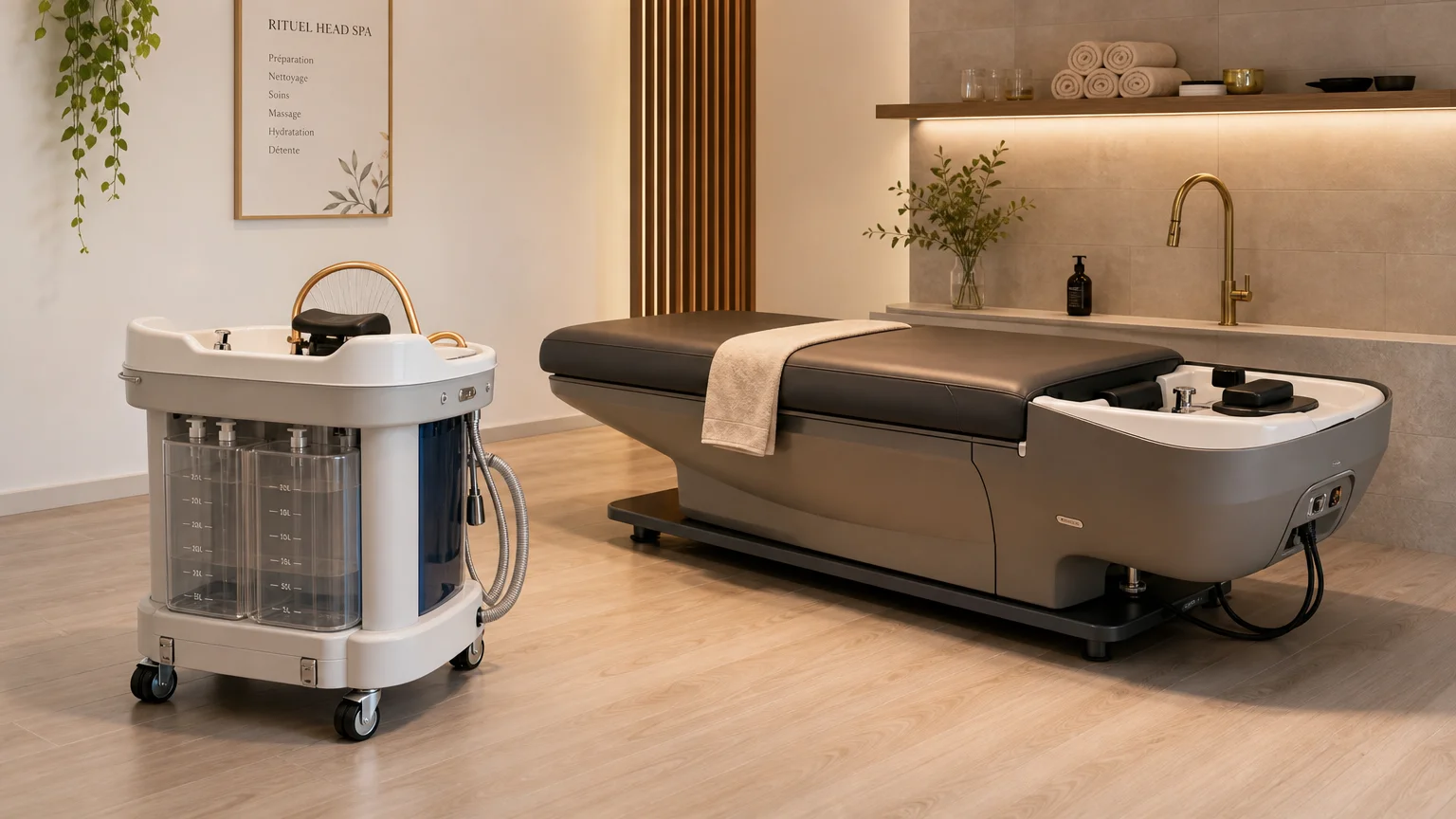 Bac mobile et table Head Spa avec deux types d’installation