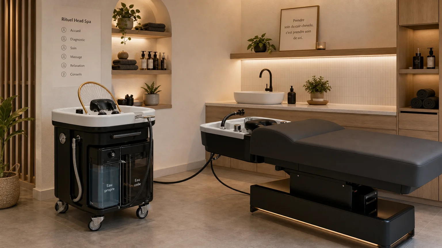 Bac mobile et table Head Spa avec deux types d’installation