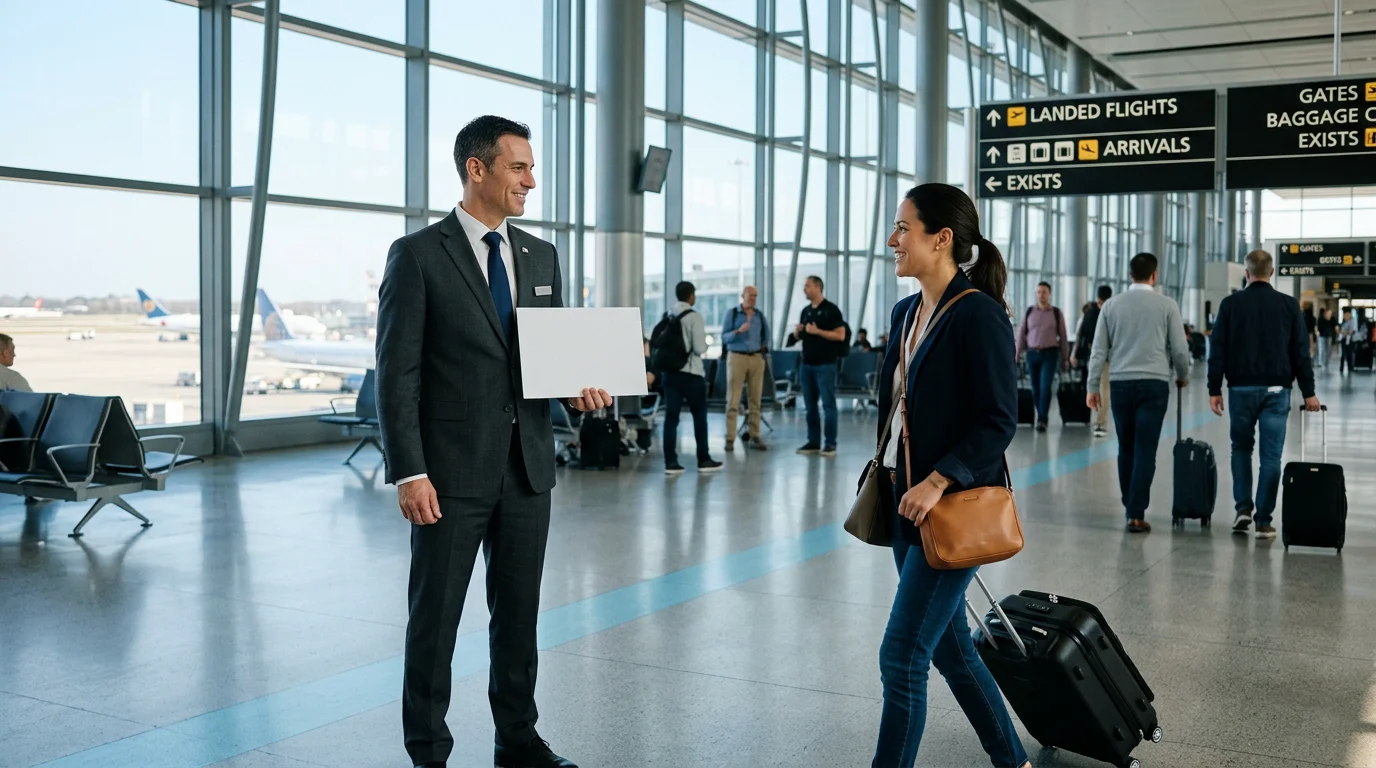 Chauffeur holding a name sign welcoming a traveler in an airport arrivals hall