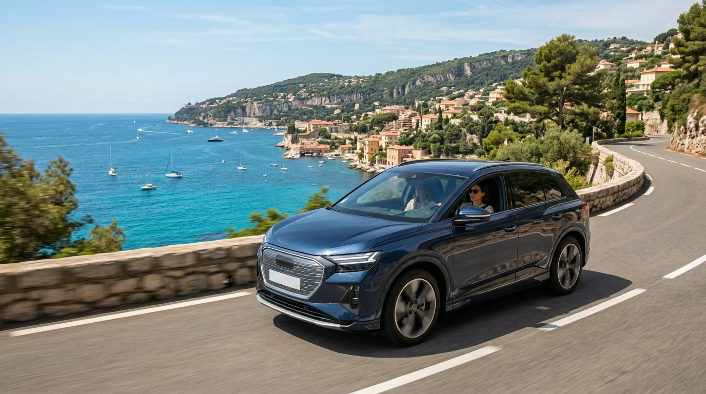 Electric SUV on a scenic coastal road along the French Riviera