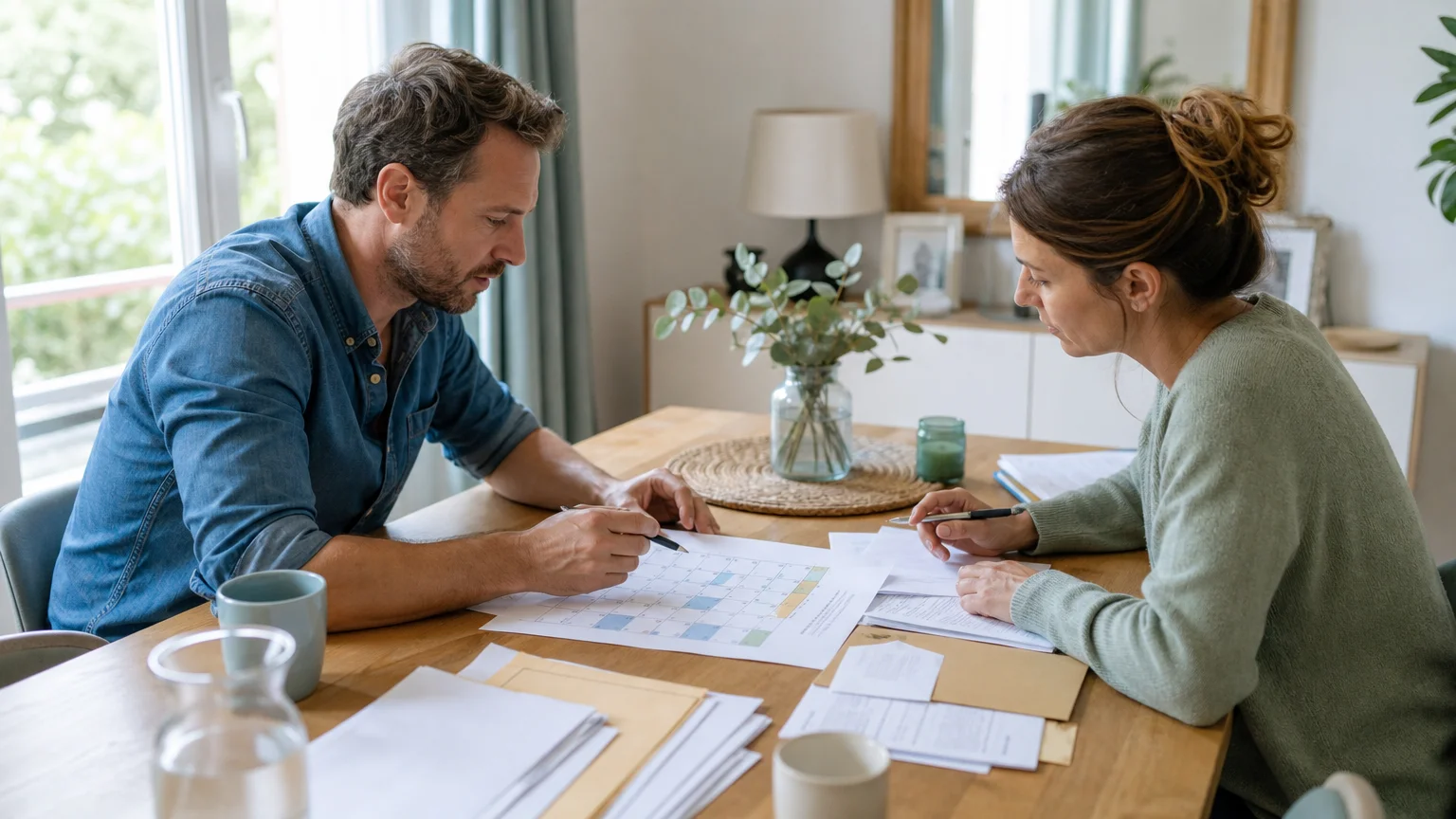 Deux parents vérifient ensemble des documents liés à la garde alternée