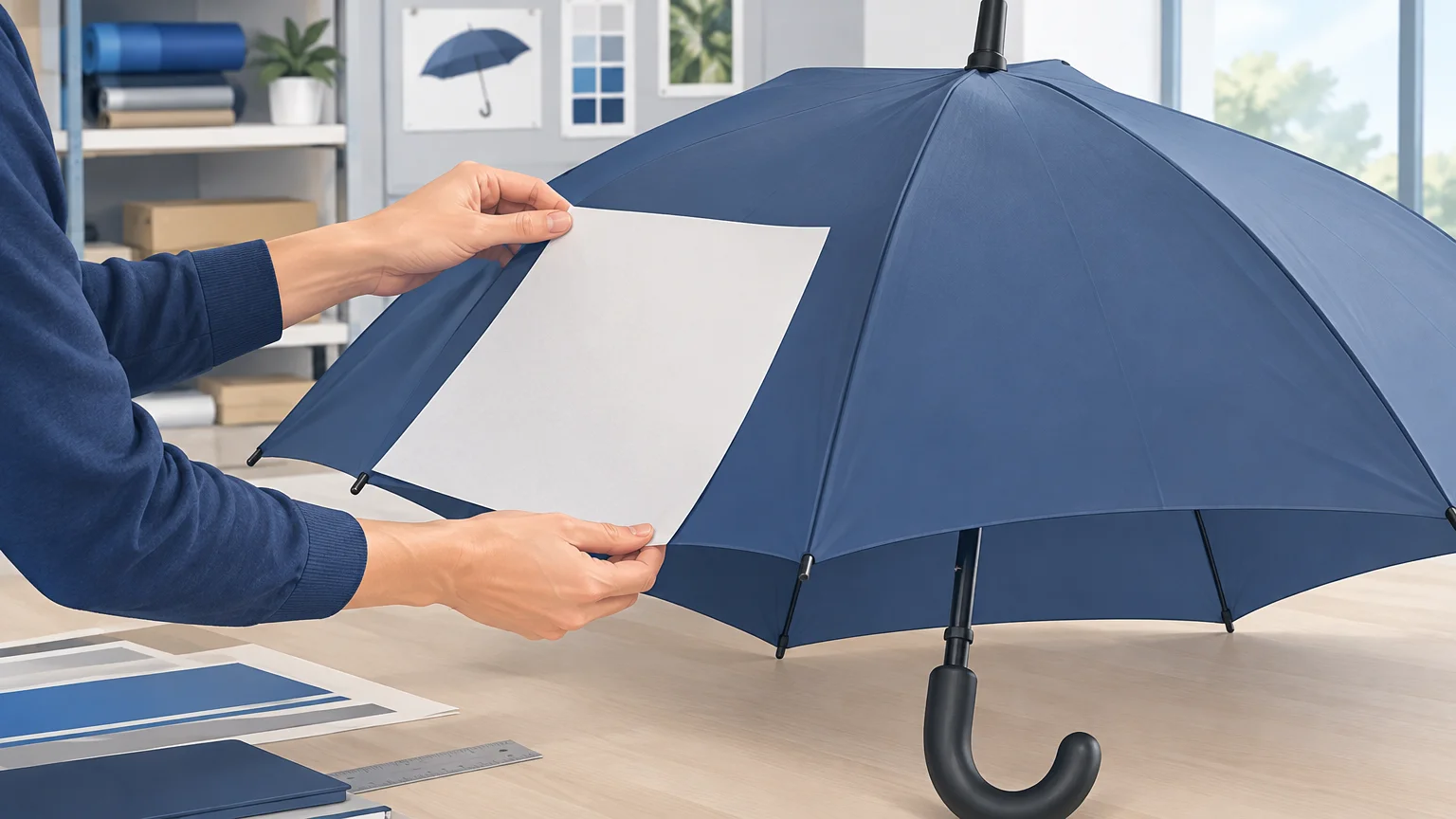 Préparation du marquage sur un parapluie publicitaire