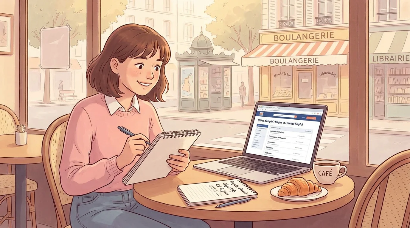 Étudiante recherchant des offres d'emploi sur un ordinateur portable dans un café en France