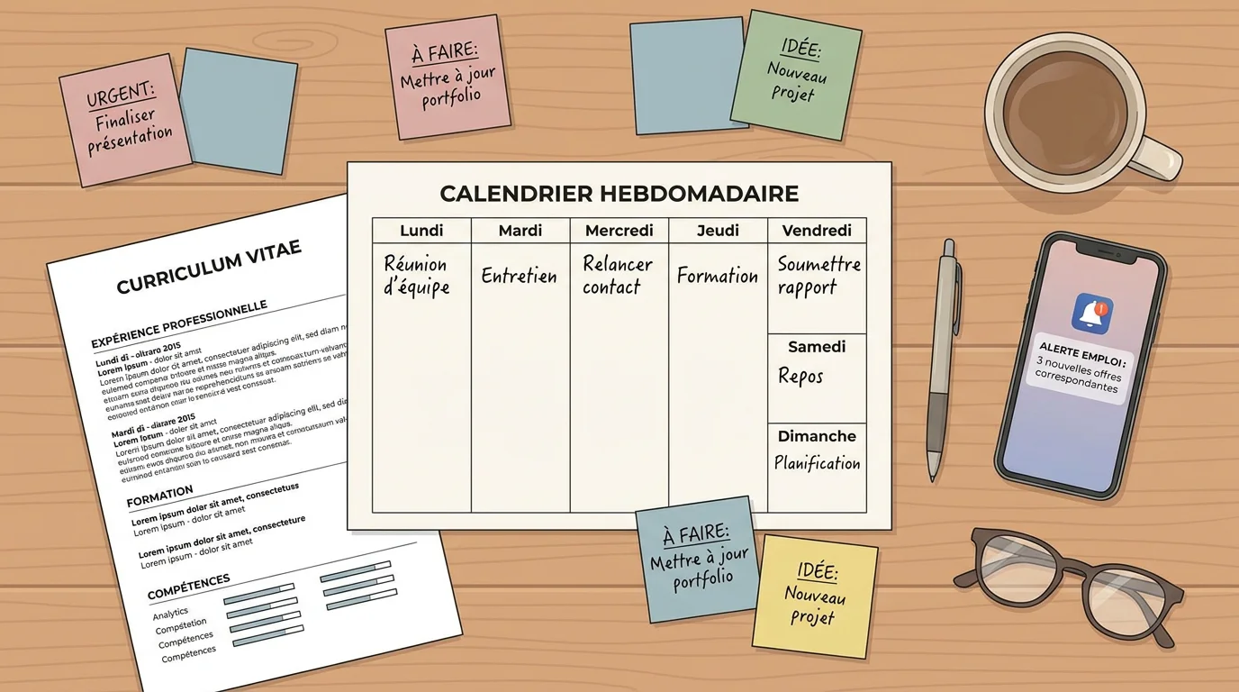 Bureau organisé avec CV et smartphone pour recherche d'emploi étudiant