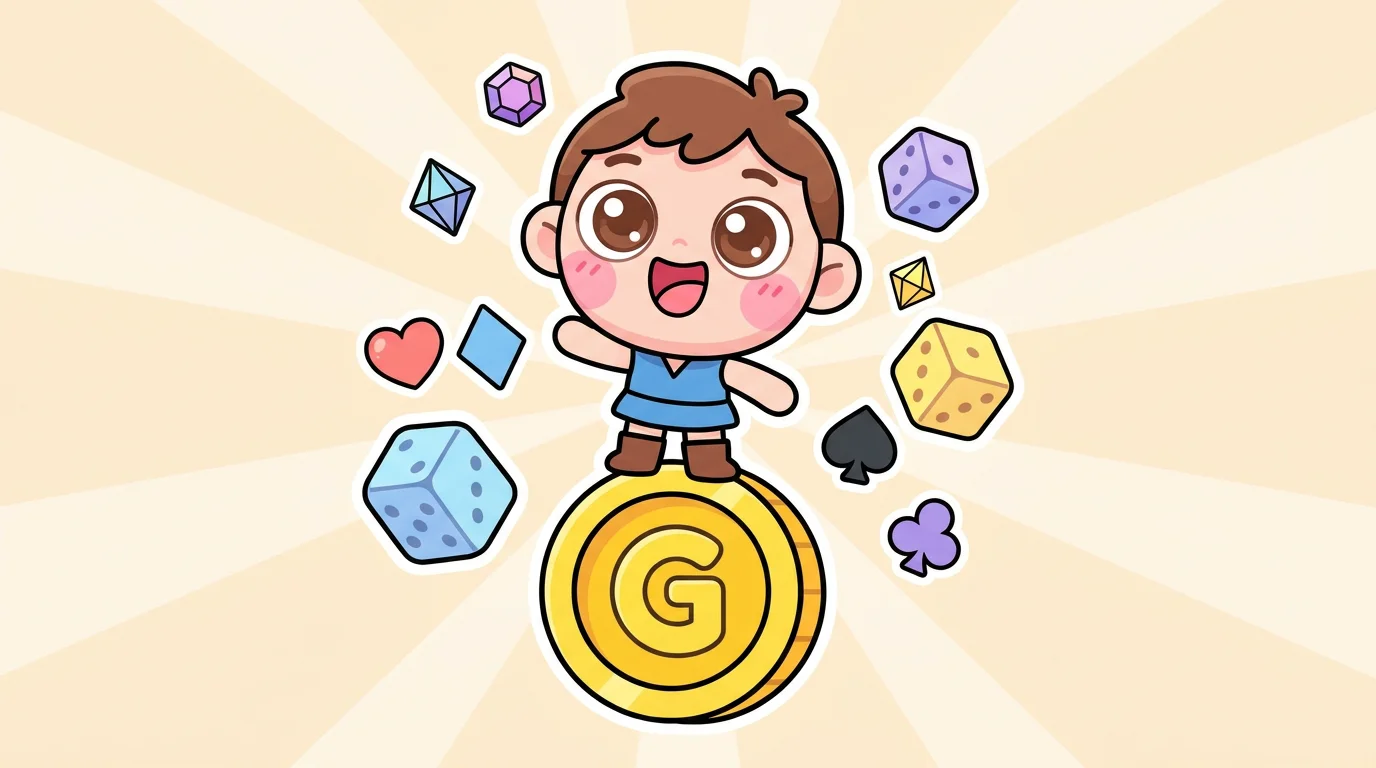 Chibi character standing on golden coin with floating dice and card symbols representing gaming revenue