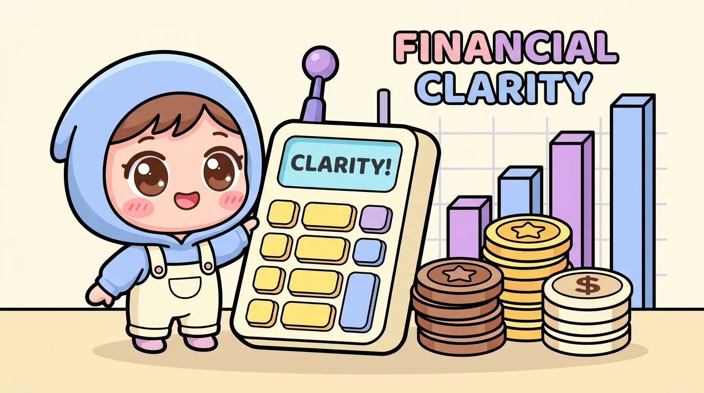 Cartoon chibi character with calculator and coin stacks illustrating net gaming revenue concept