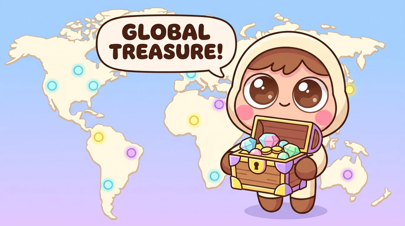 Chibi character holding treasure chest in front of world map representing global gaming revenue