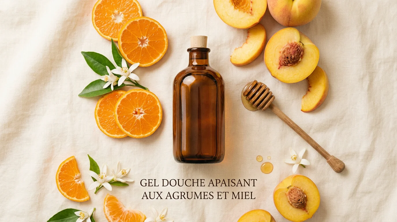 Composition à plat illustrant les notes olfactives fruitées et gourmandes du gel douche parfumé N°119