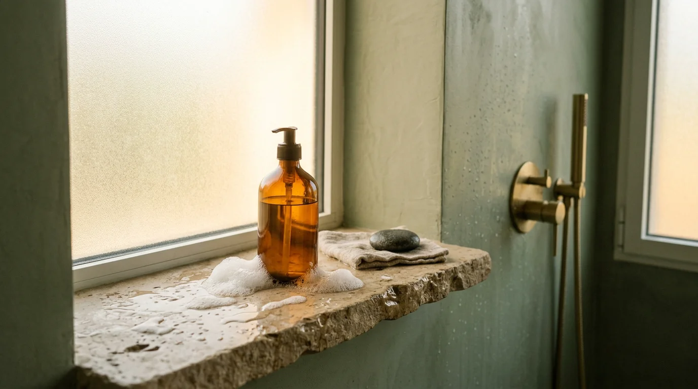 Gel douche parfumé posé dans une salle de bain lumineuse illustrant un rituel de soin quotidien
