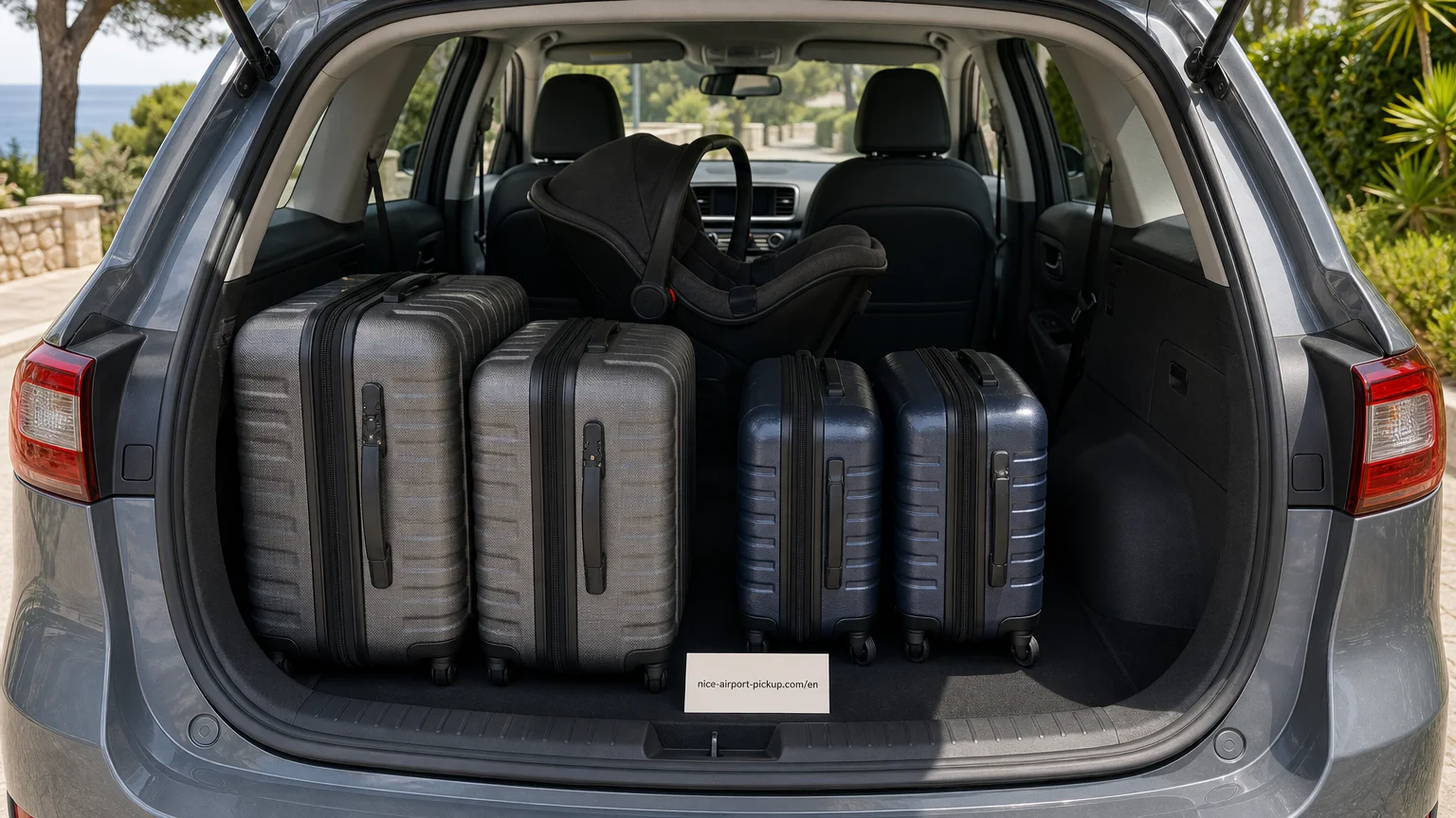 Rear-facing child seat and four suitcases arranged inside a grey electric Kia e-Niro