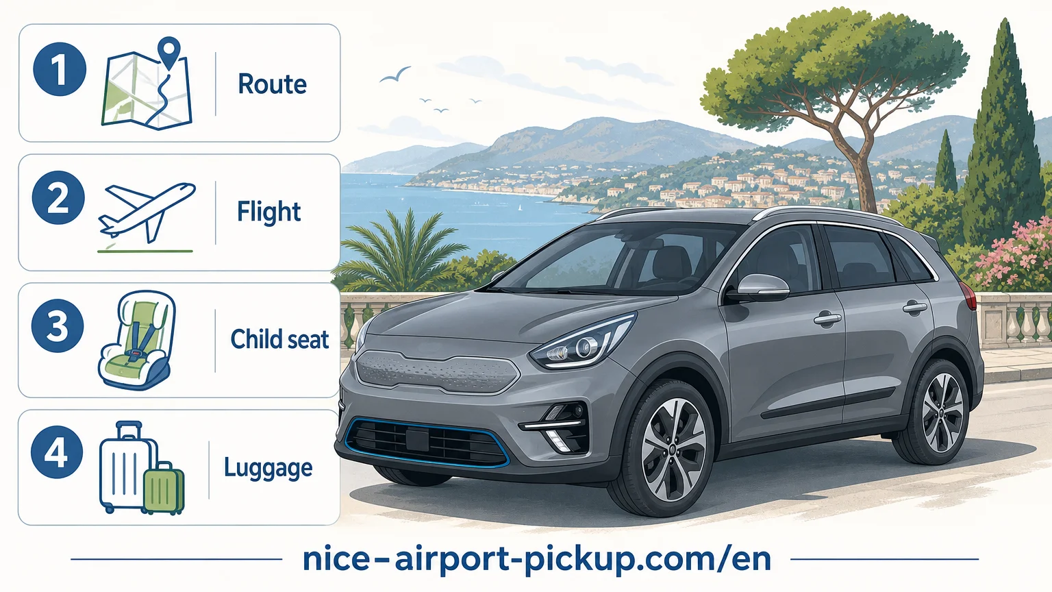 Checklist infographic for booking a French Riviera chauffeur journey with an electric vehicle